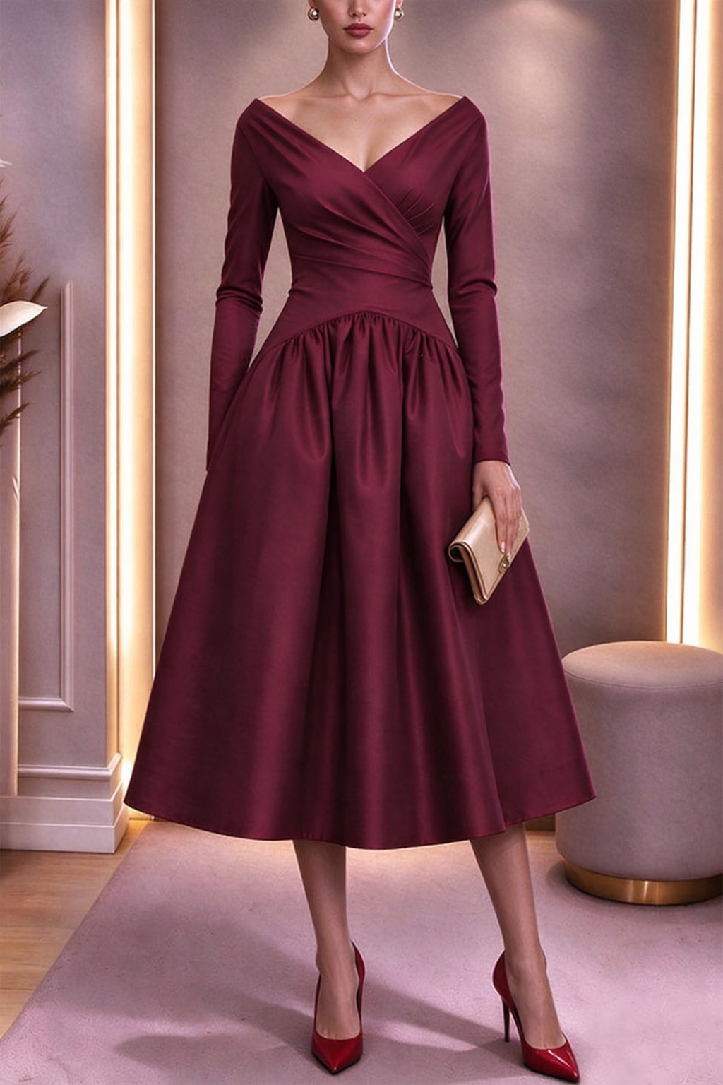 Satin Midi Dress With V-Neck And Flared Skirt - 2