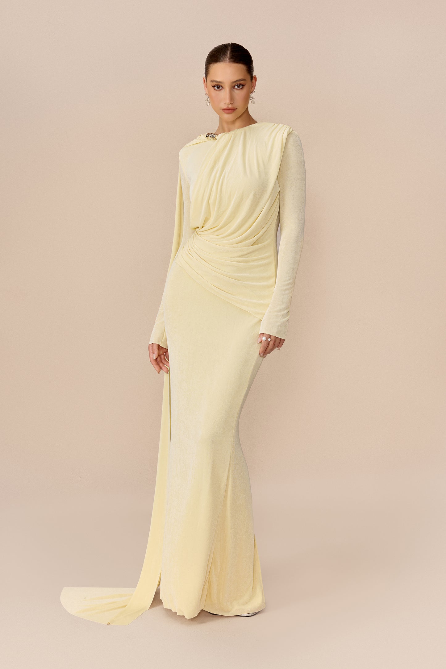 Yellow cape-drape ruched maxi dress with high neck - view 5