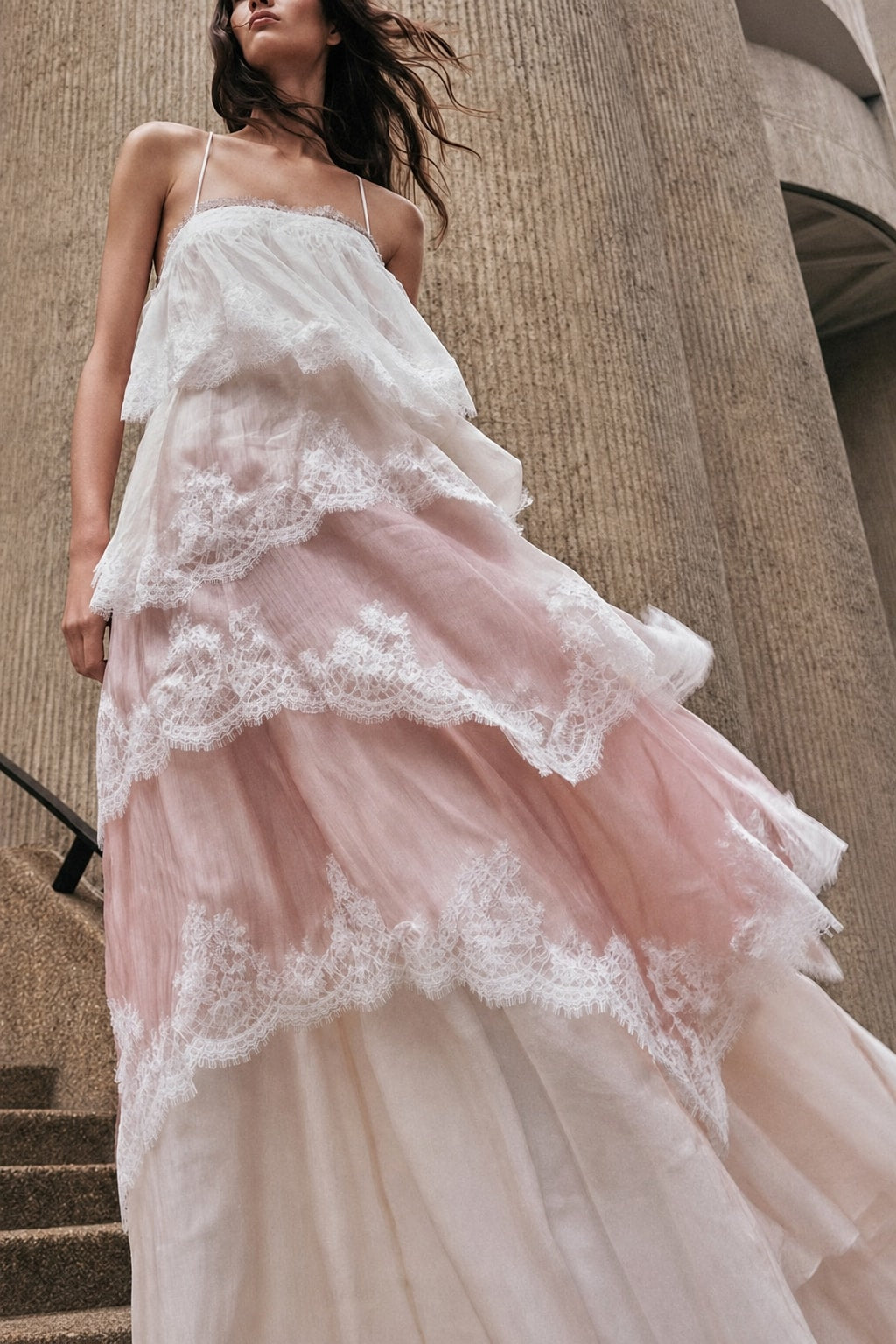 Pink Chiffon Lace Backless Tiered Maxi Dress - 7