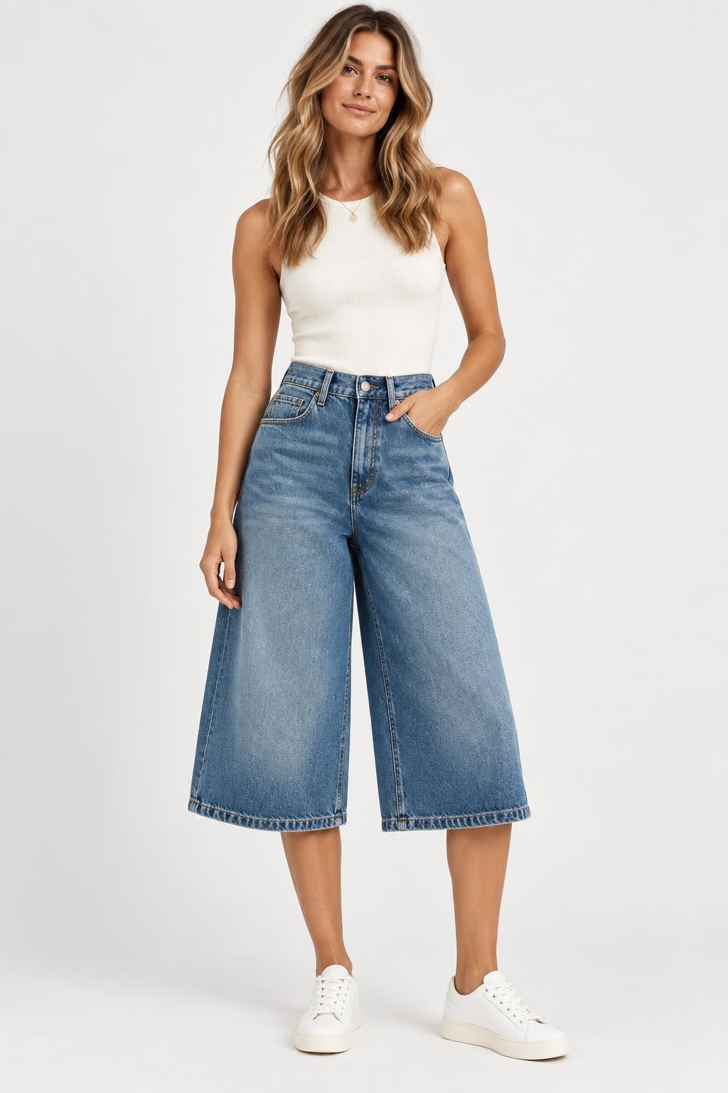 Denim Wide Leg Bermuda Shorts Loose Fit - 2