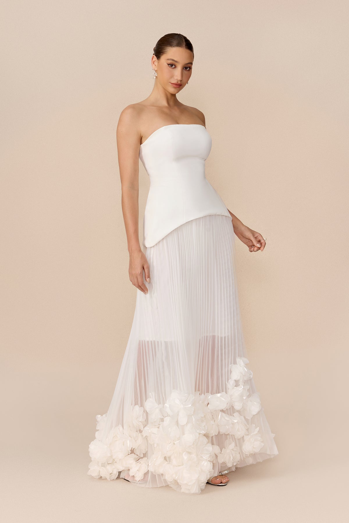 White two-piece skirt set with floral applique hem - view 5