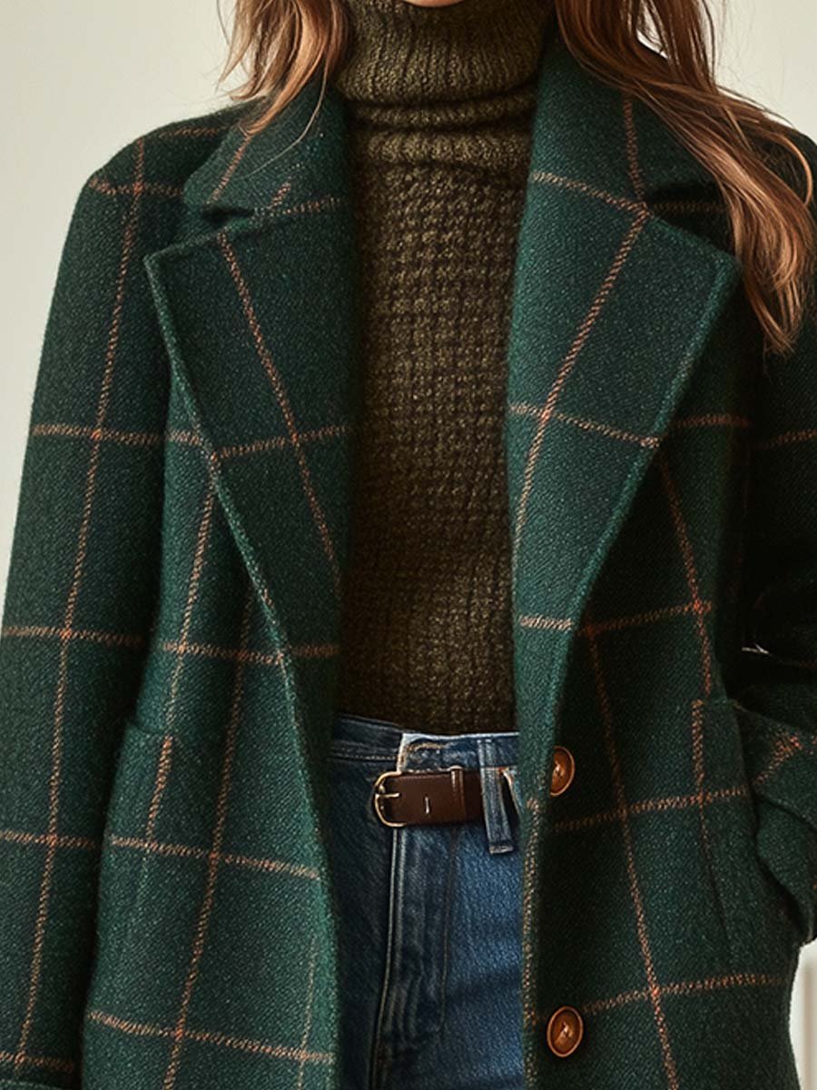 Dark green tweed plaid coat with lapel collar - view 4
