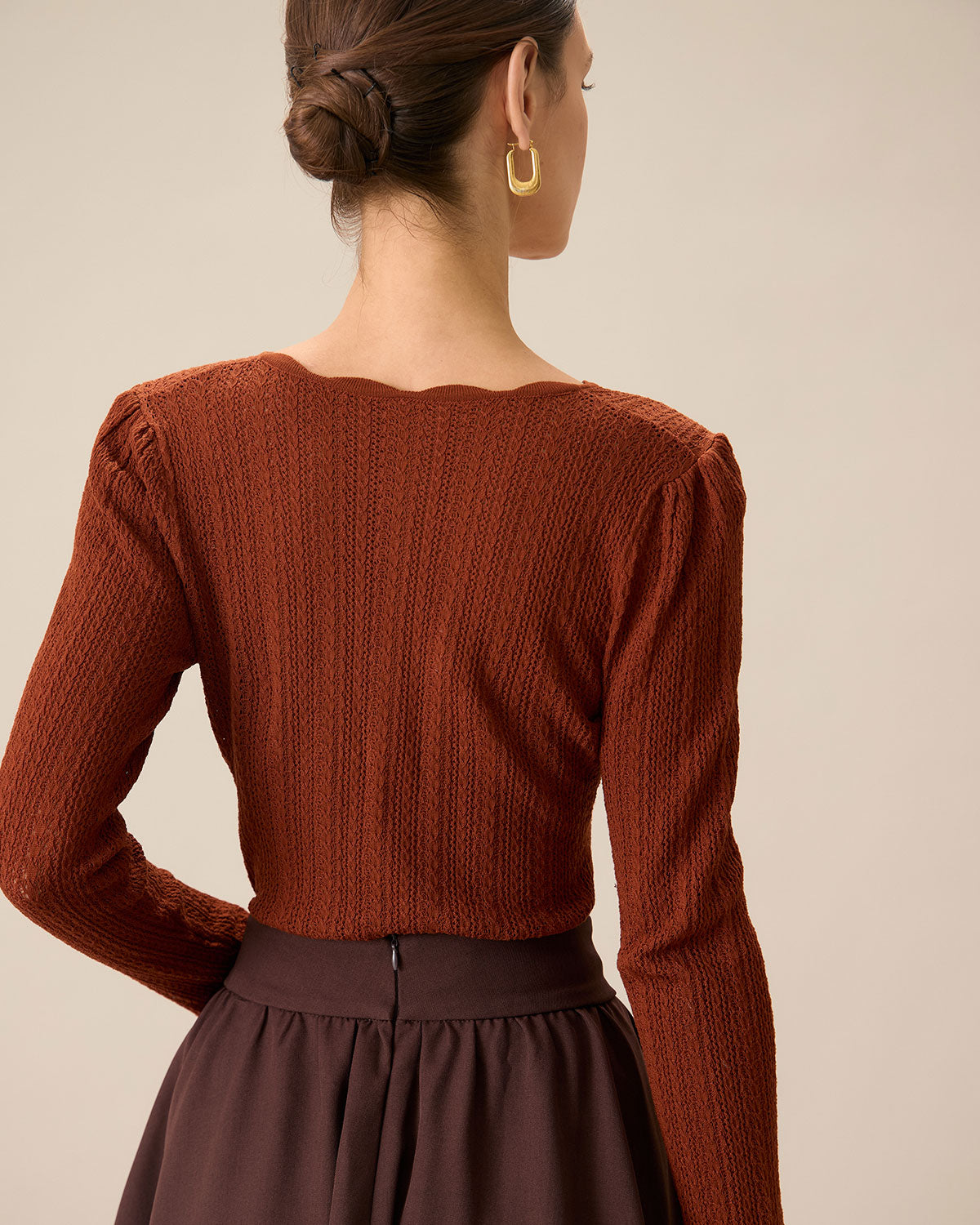 Women's Brown Slim-Fit Round Neck Sweater With Button Trim - 4