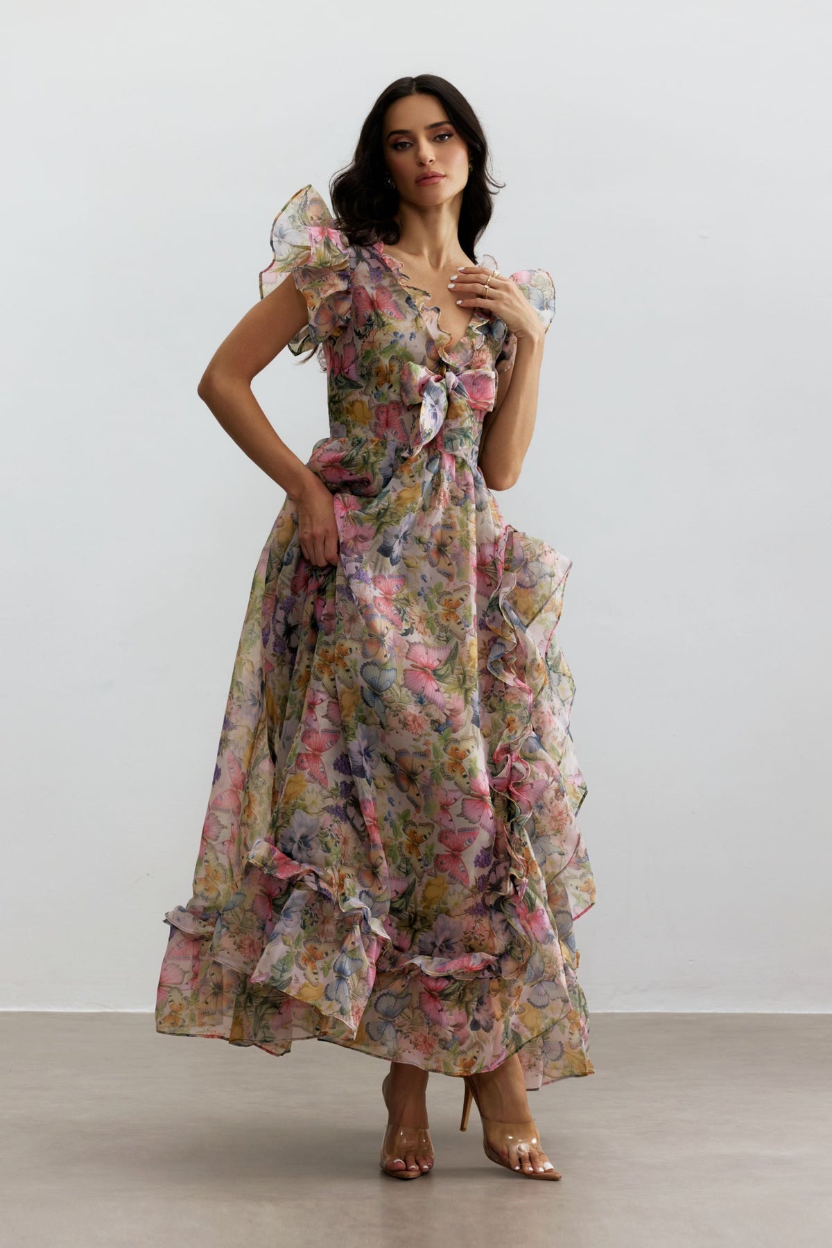 Floral Print Chiffon Maxi Dress With Ruffle Trim And V-Neck - 5
