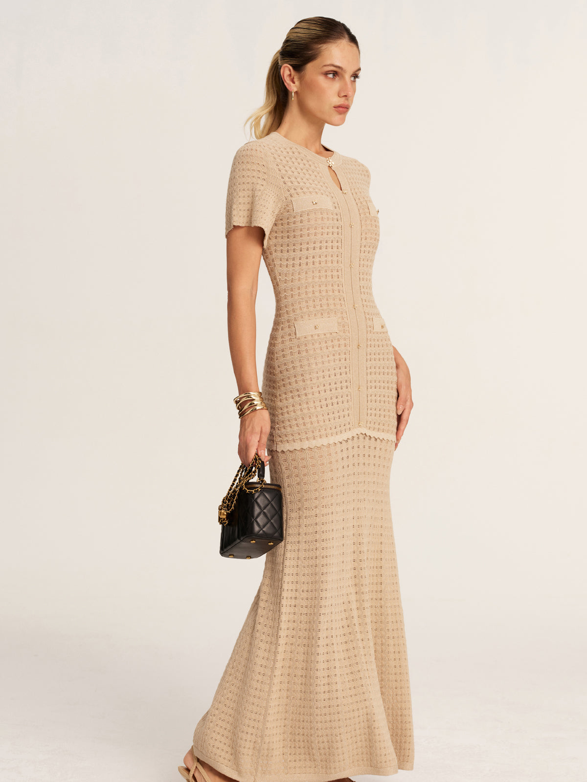 Khaki Crochet Knit Mermaid Maxi Dress - view 5