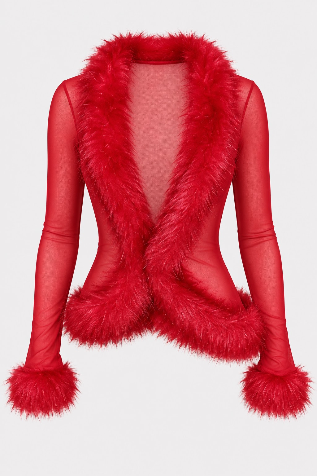Mesh Crop Top with Fuzzy Trim Long Sleeve - 1