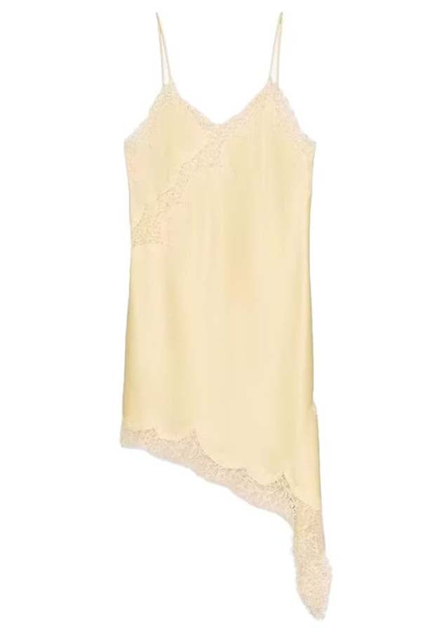 Satin slip mini dress with asymmetrical lace hem - view 8