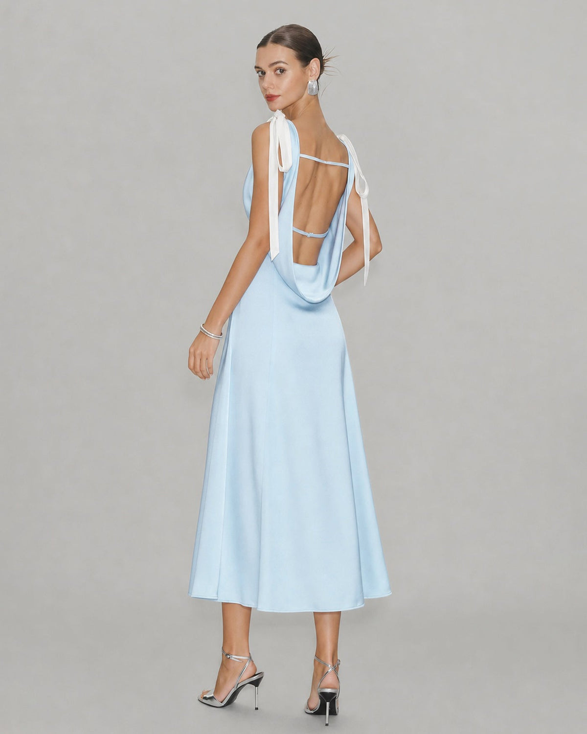 V-Neck Satin Midi Dress With Ruched Cutout Waist - 4