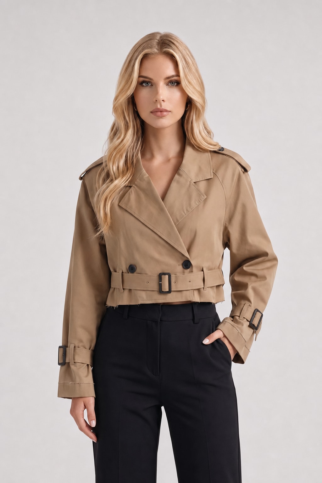 Cropped Utility Trench Coat with Waist Belt - 3