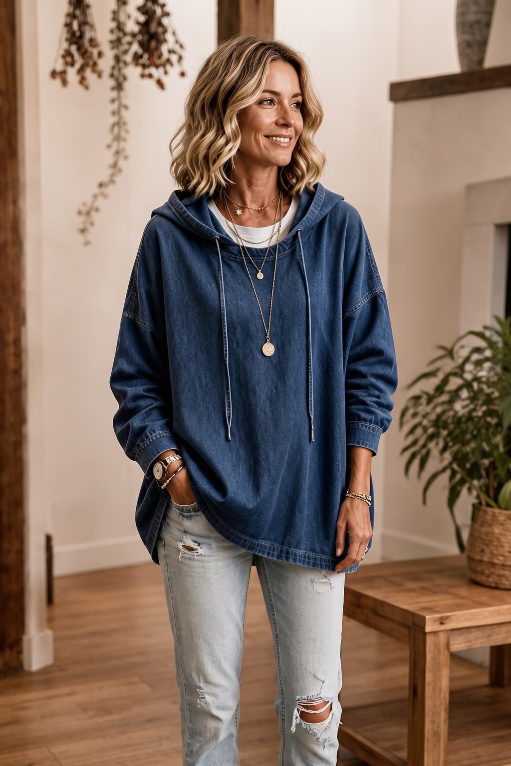 Denim-Look Oversized Dropped-Shoulder Hoodie - 2