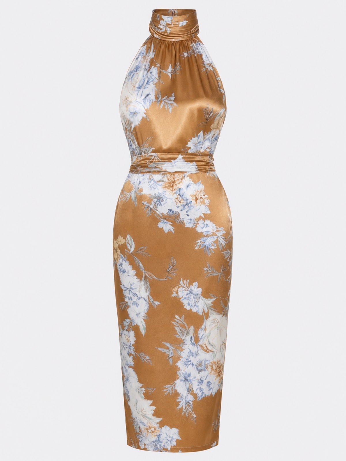 Satin Floral Print Ruched Halter Midi Dress - 1