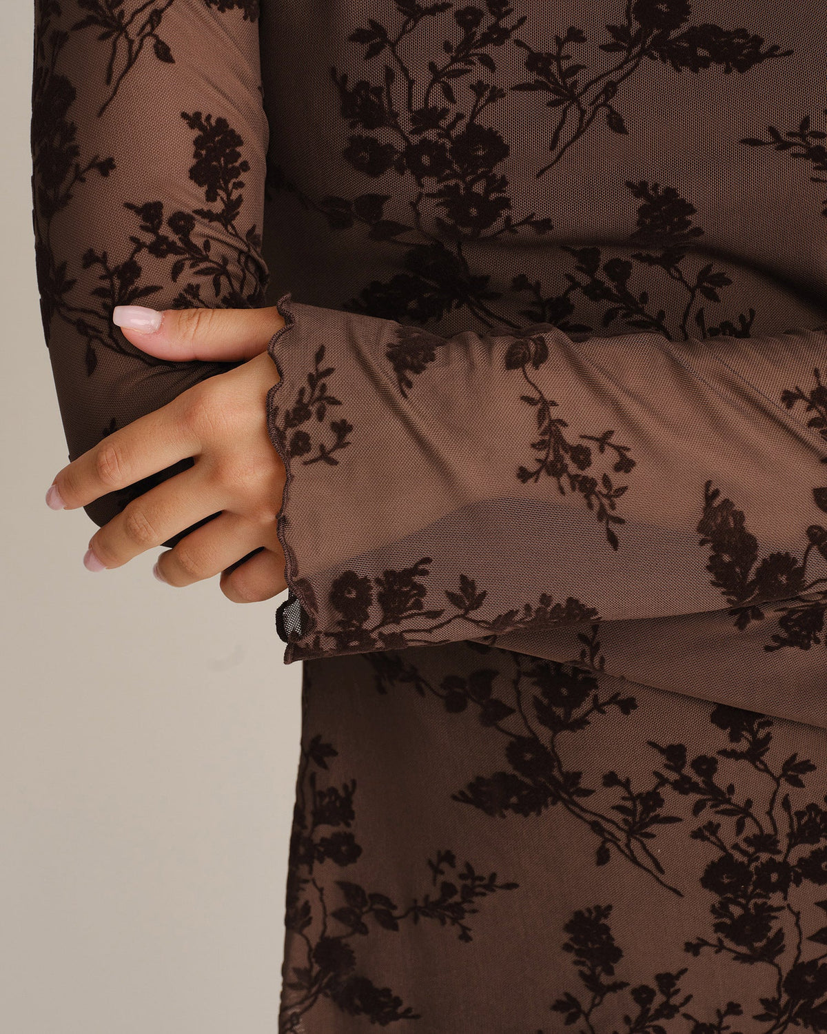 Coffee Floral Mesh Mini Dress with Boat Neck - view 5