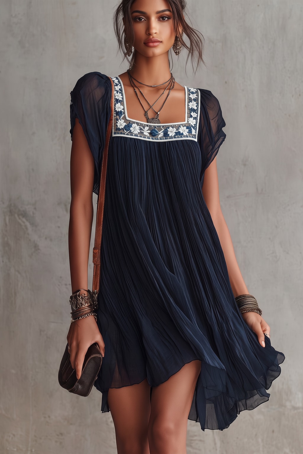 Navy Blue Chiffon Pleated Babydoll Mini Dress - 2