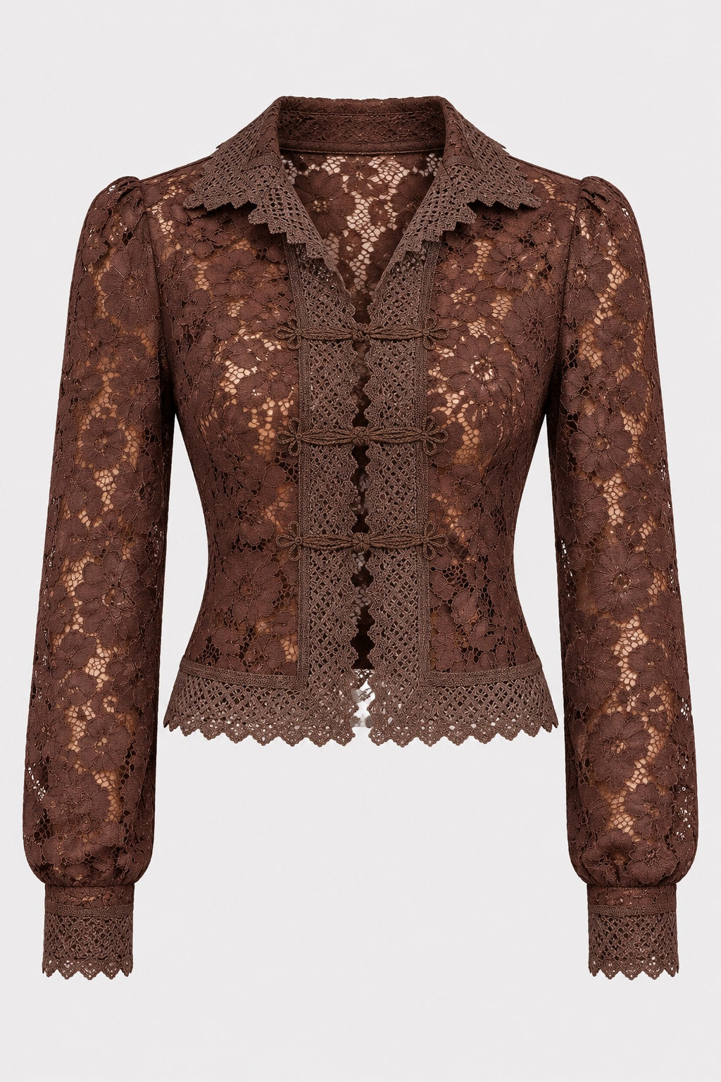 Lace Blouse Cropped Lapel Shirt with Scalloped Edge - 1