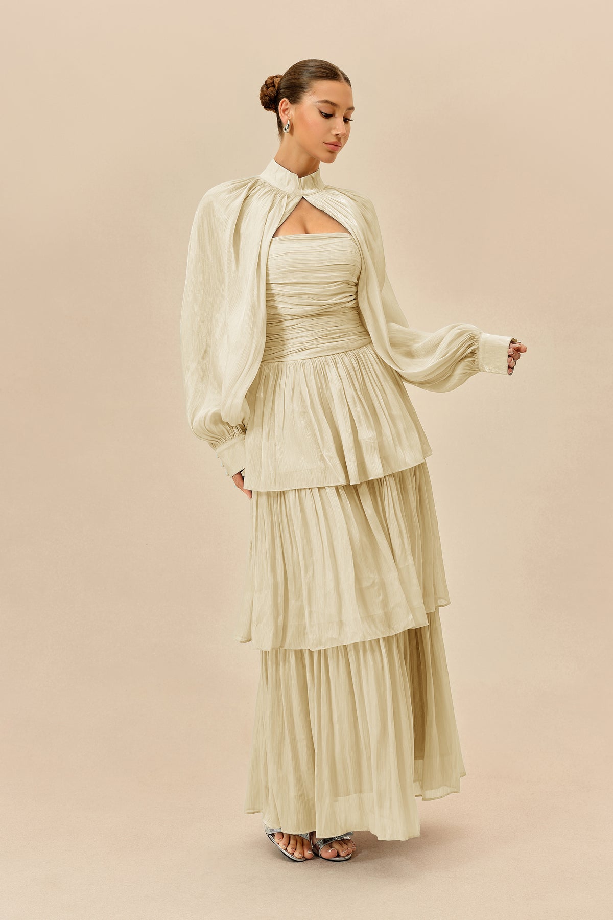 Beige Tiered Chiffon Maxi Dress with Detachable Sleeves - view 5