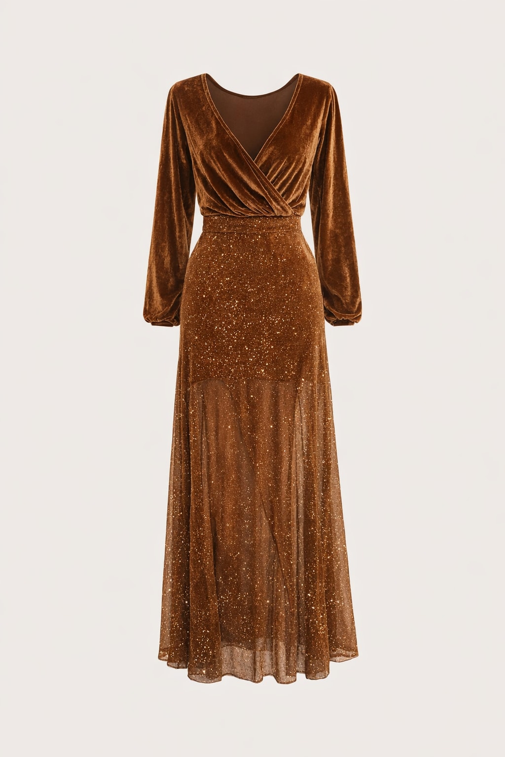 Velvet Maxi Dress with V-Neck and Sheer Patchwork - 1