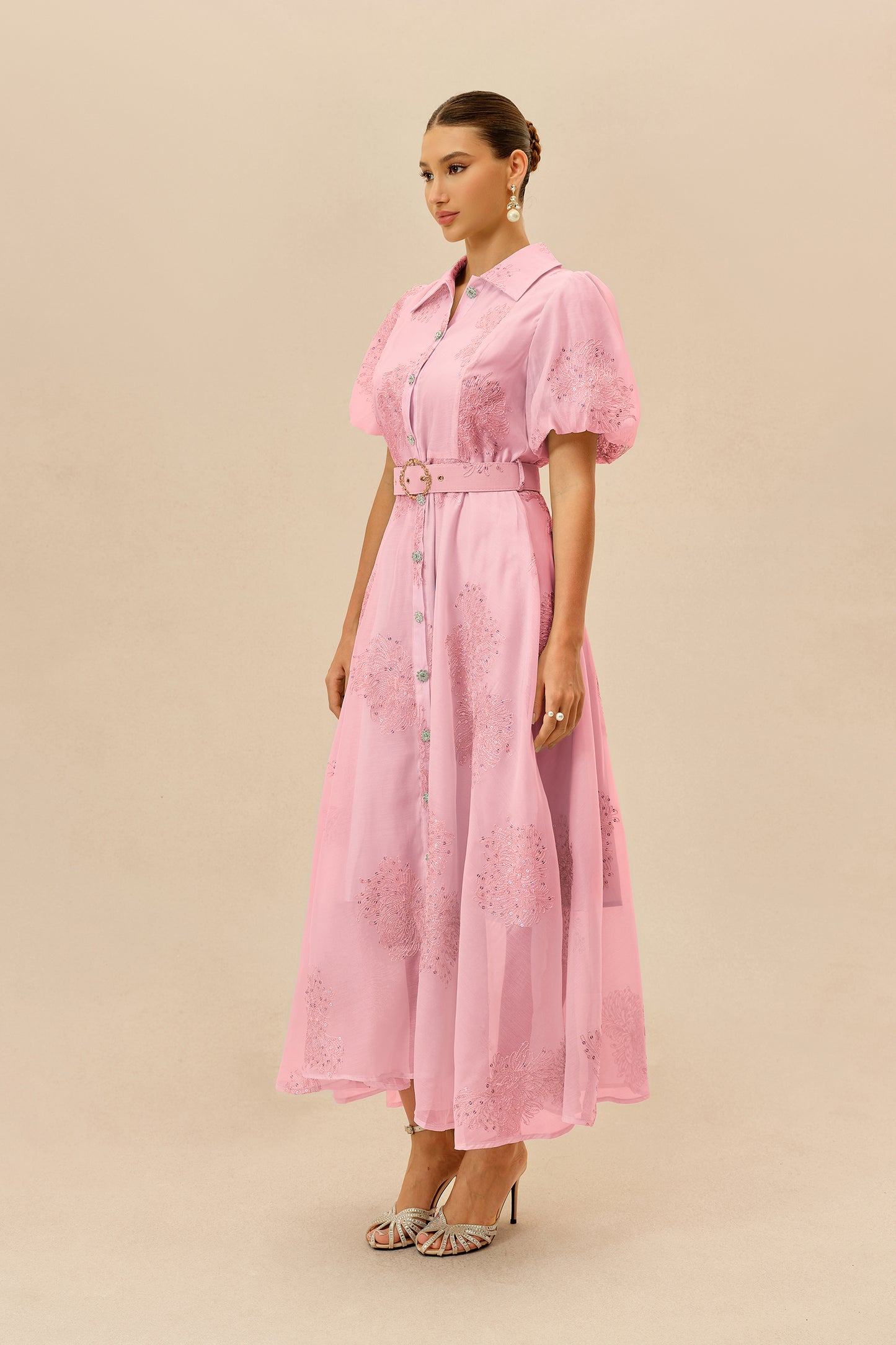 Pink Embroidered Belted Shirt Maxi Dress - view 5