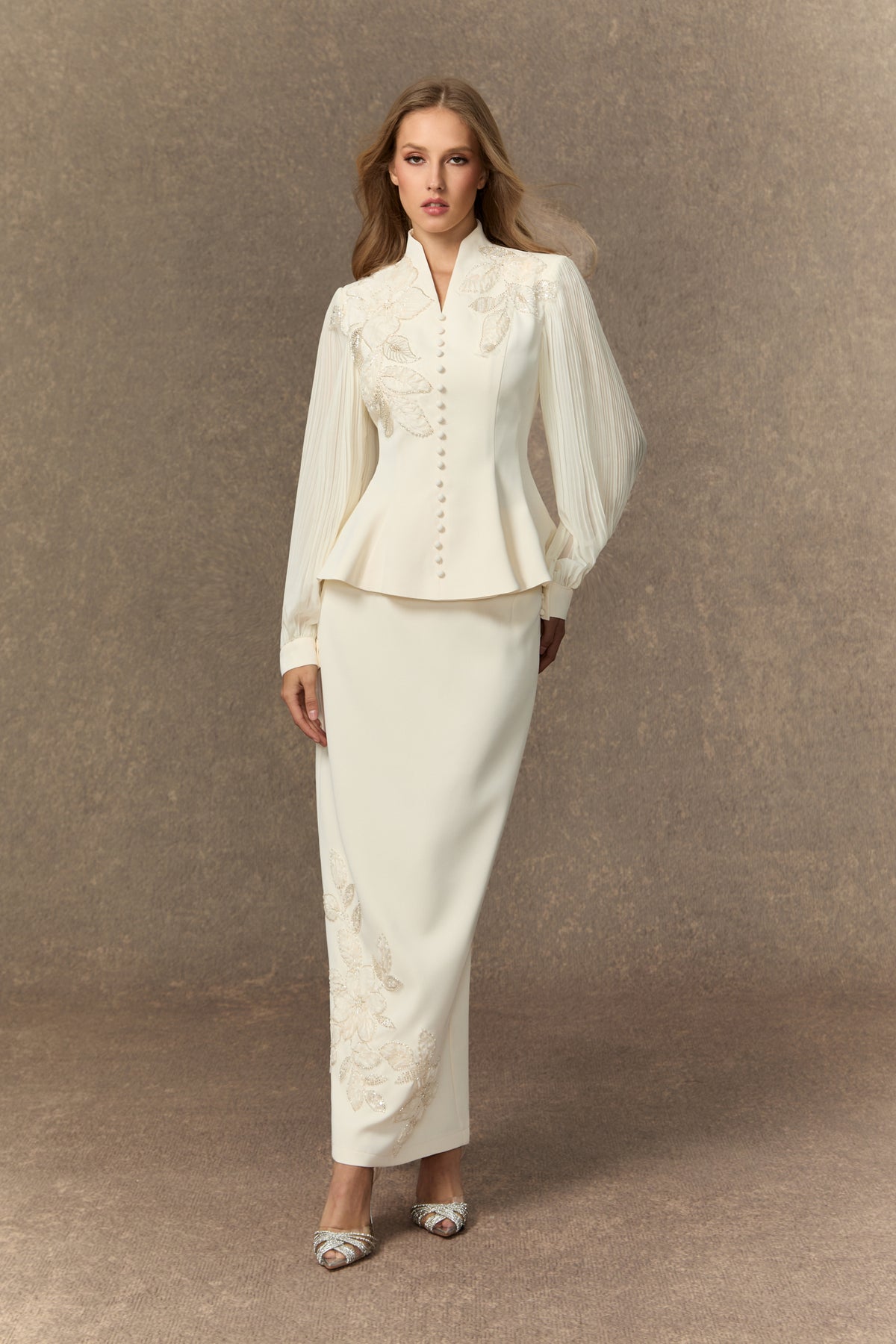 White Floral Embroidered Skirt Set Modest Peplum Maxi Outfit - 7