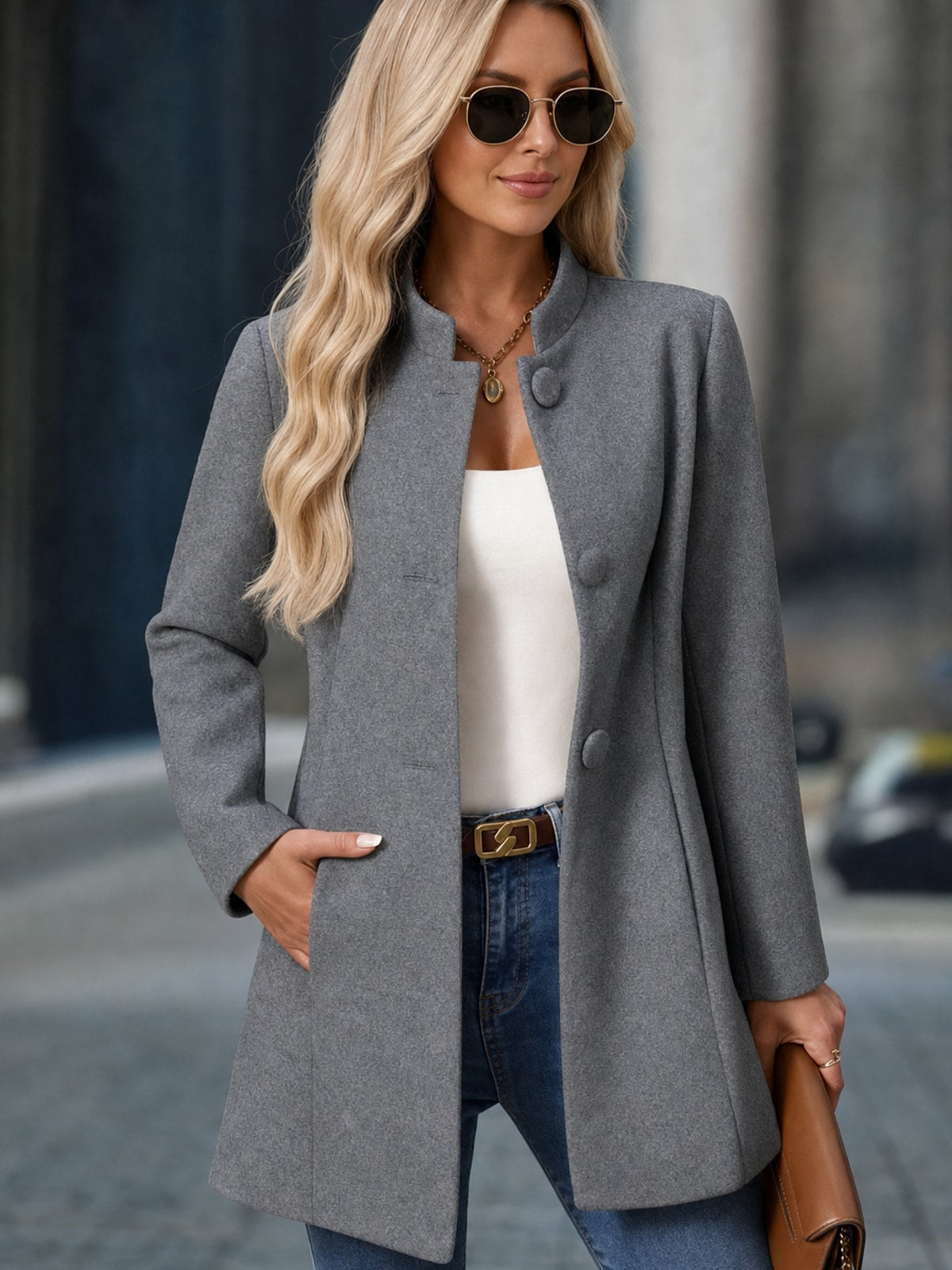 Cozy Women's Stand Collar Coat With Tailored Fit & Pockets - 6