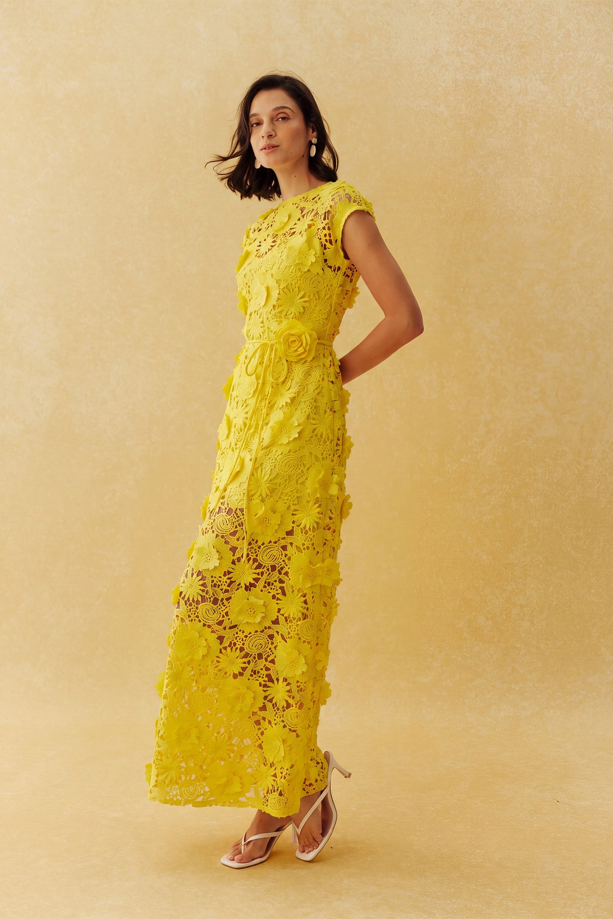 Yellow floral lace maxi dress with belt - view 5