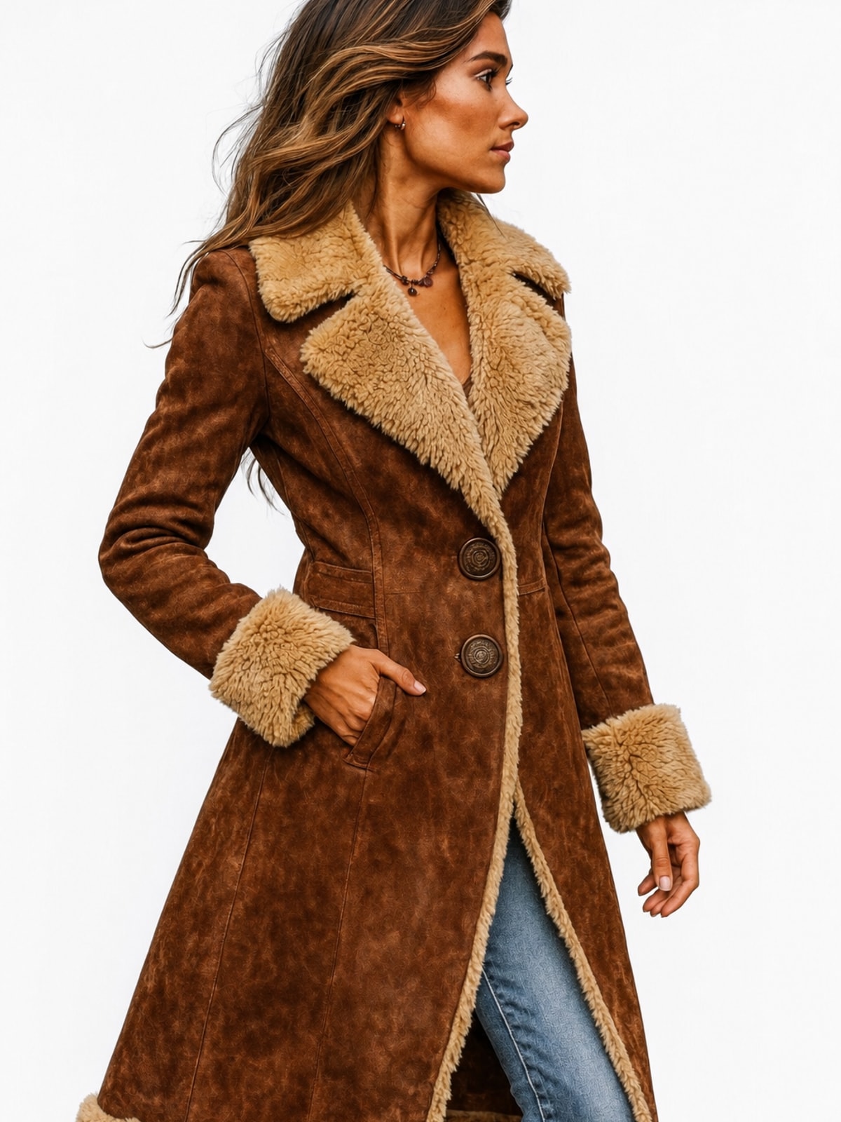 Cozy Faux Suede Long Coat with Faux Fur Lining - 3