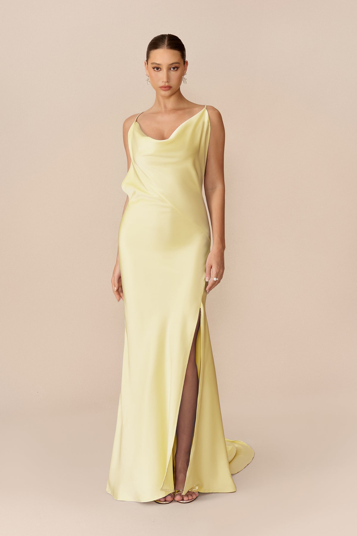 Satin Cowl Neck High Slit Maxi Dress - 2