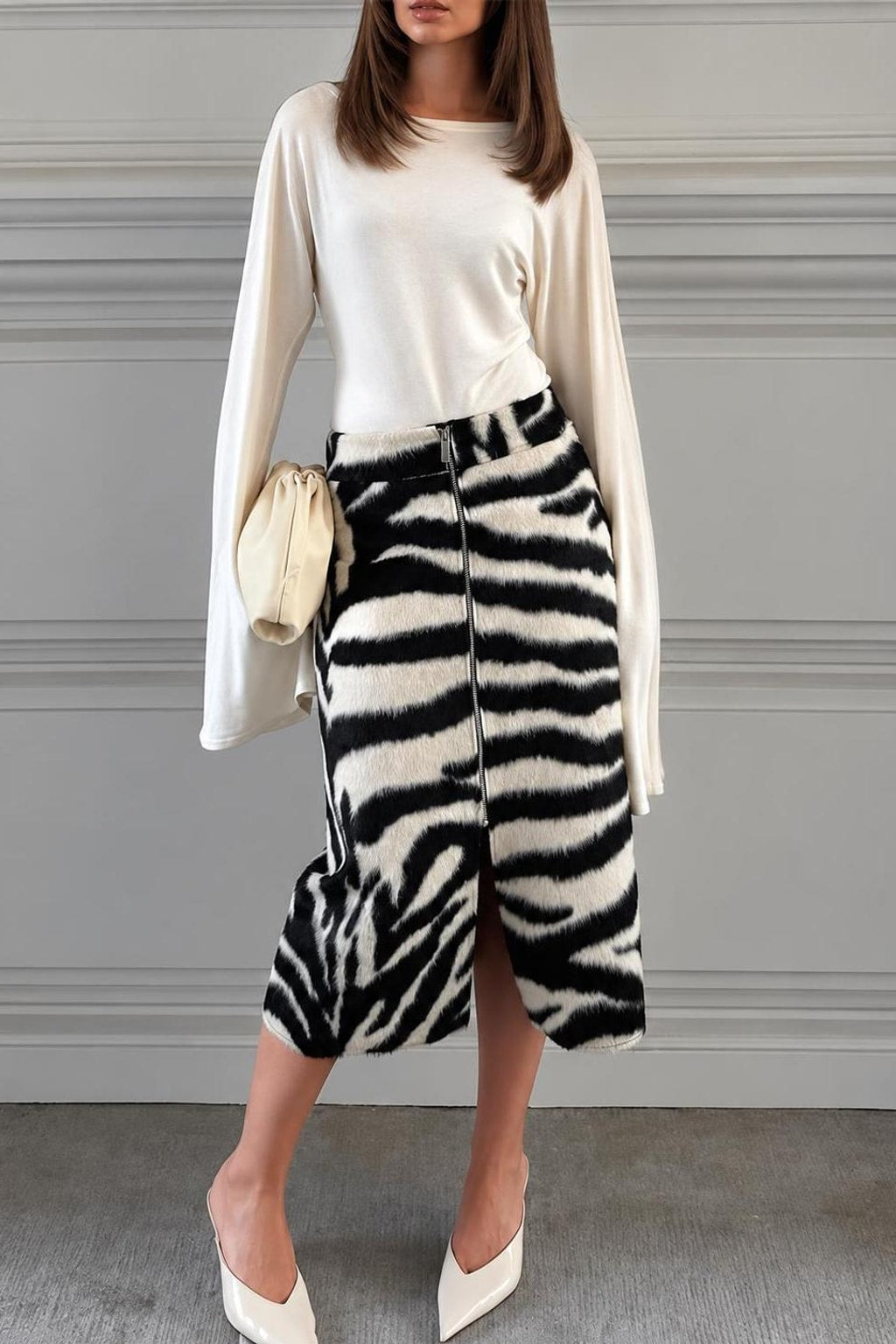 Faux Fur Midi Skirt With Zebra Print - 2
