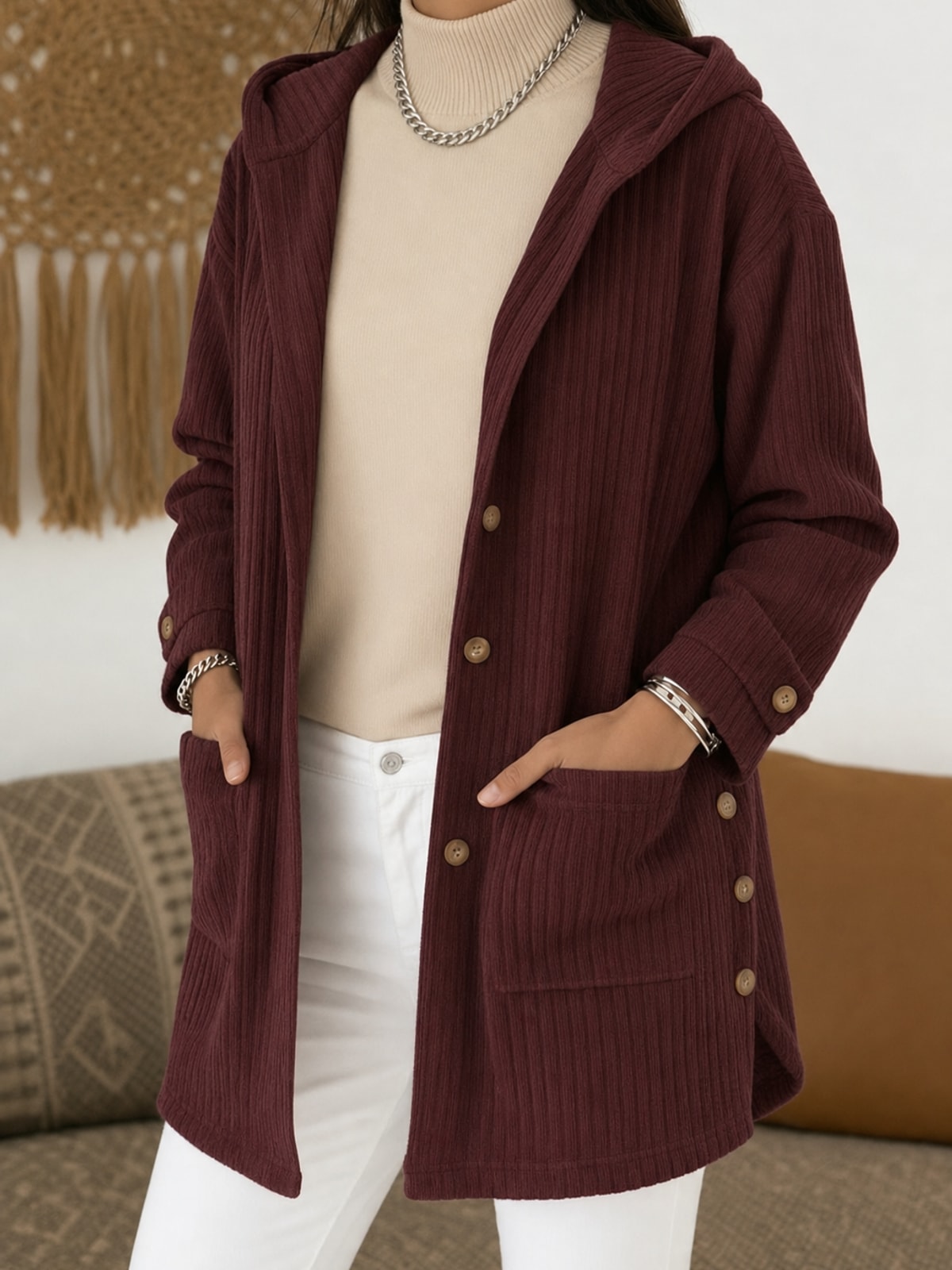 Hooded Button Front Coat With Warm Roomy Pockets - 5