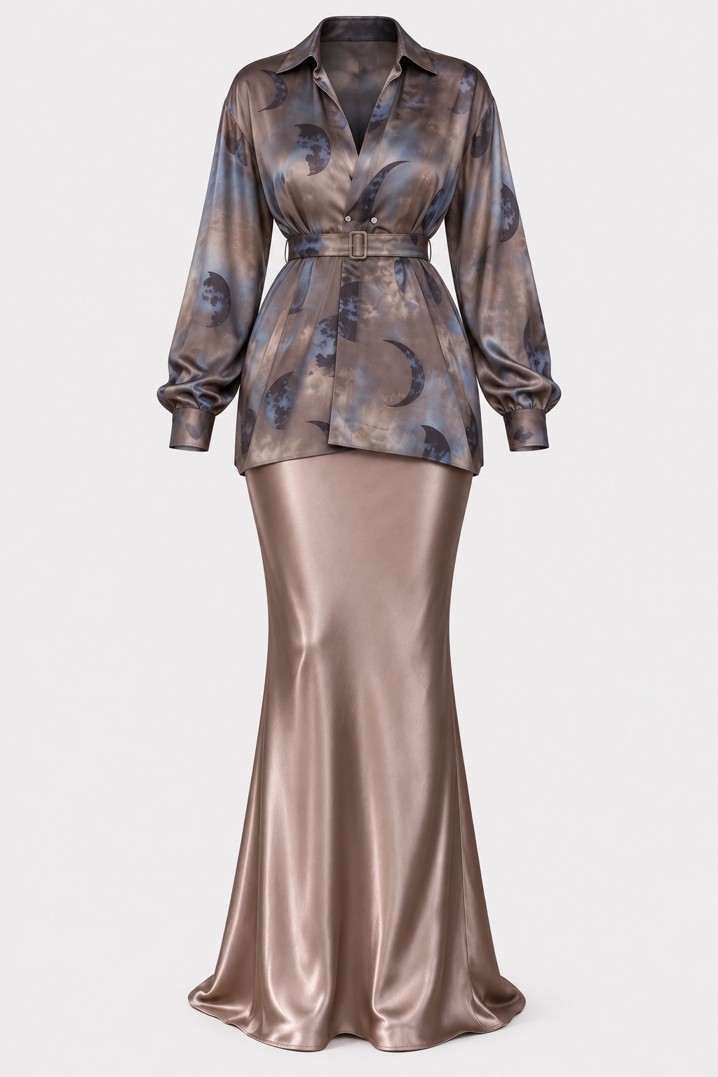 Satin Outfit Set Belted Blouse Maxi Skirt Multicolor - 1
