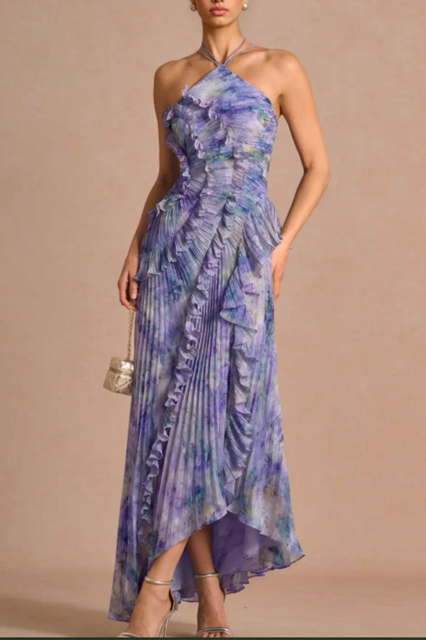 Pleated Halter Maxi Dress With Ruffle Trim - view 7