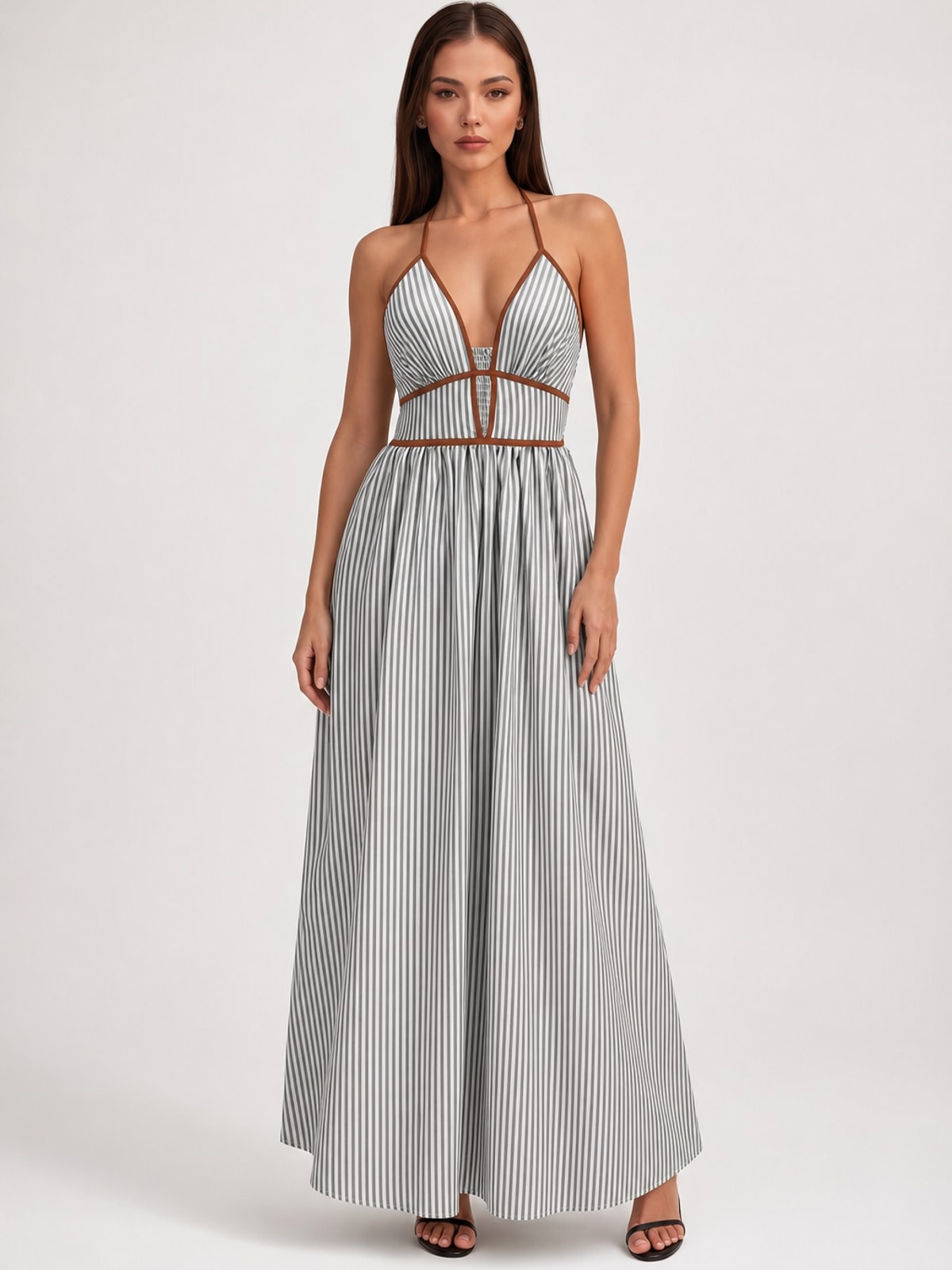 Polyester Striped Halter Neck Sleeveless Maxi Dress - 5