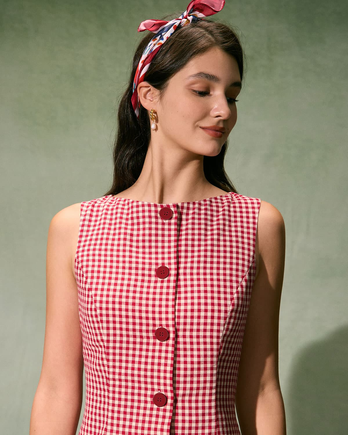 Red Plaid Cotton Boat Neck A-Line Mini Dress - 3