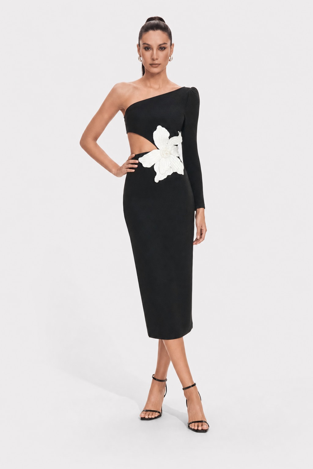 Fitted Midi Dress with One-Shoulder Sleeveless Cut - 2
