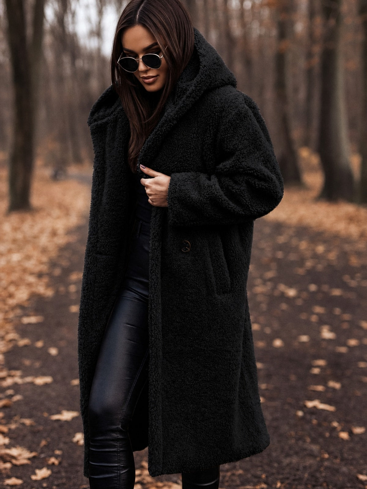 Women's Long Teddy Wool Coat With Hood Cozy Winter Warmth - 6