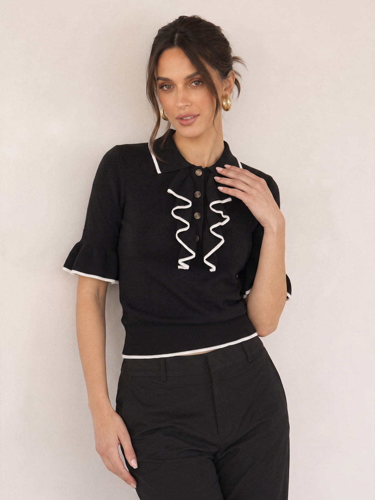Knit Sweater Top With Ruffle Trim - 6