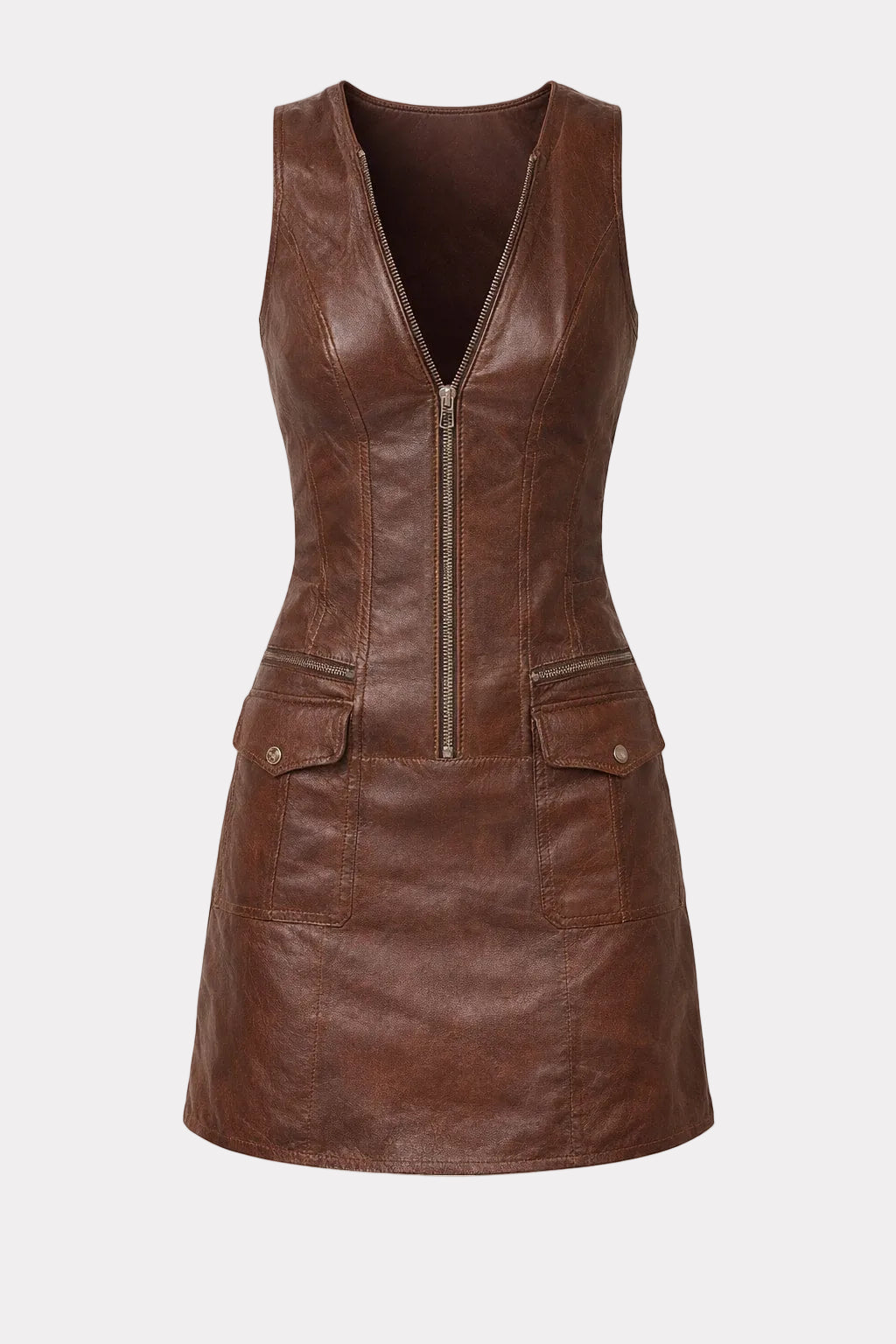 Eco Leather Mini Dress With Zip-Front And Utility Pockets - 1