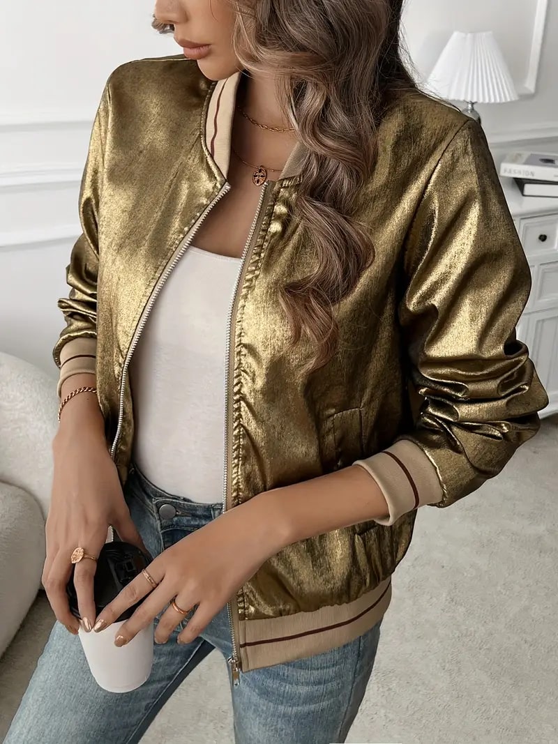 Metallic Bomber Jacket With Ribbed Collar - view 7