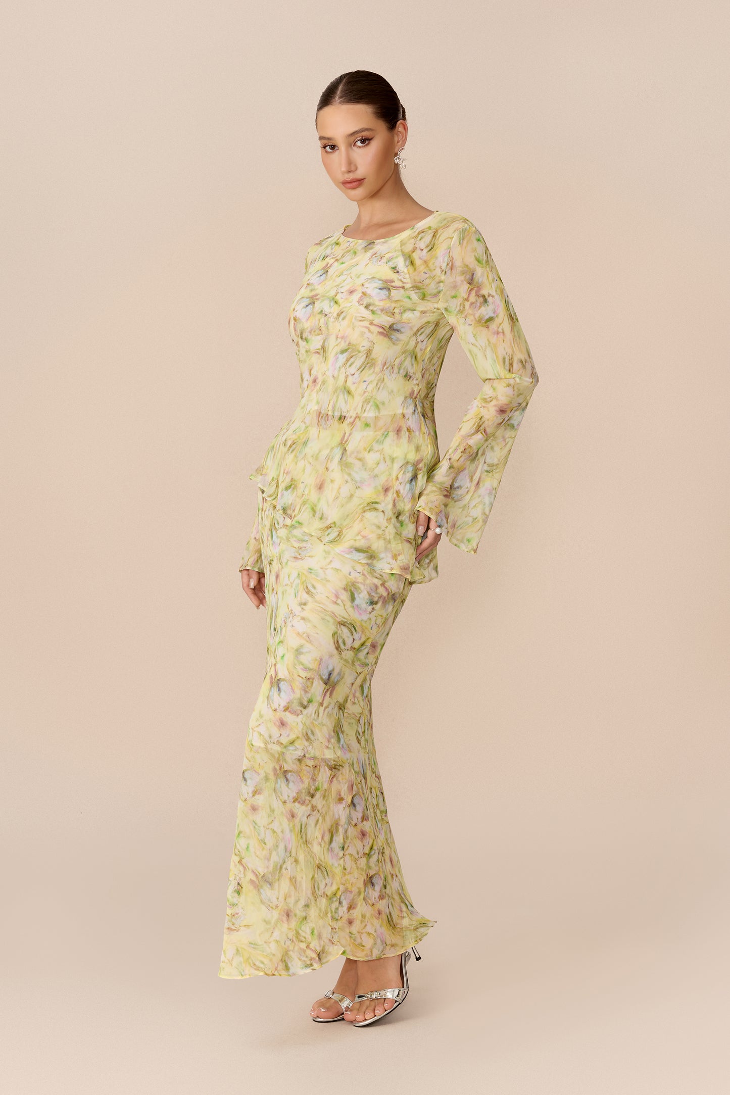 Yellow Floral Chiffon Top and Maxi Skirt Set - view 5