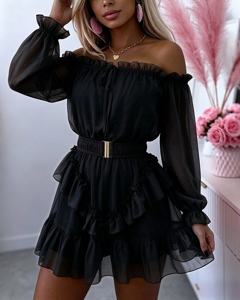 Chiffon Off Shoulder Mini Dress With Ruffle Hem - 6