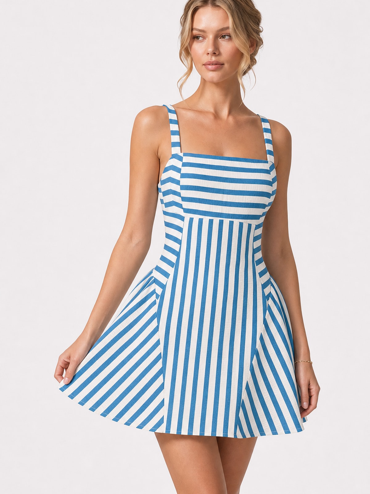 Polyester Striped Square-Neck Mini Dress - 6
