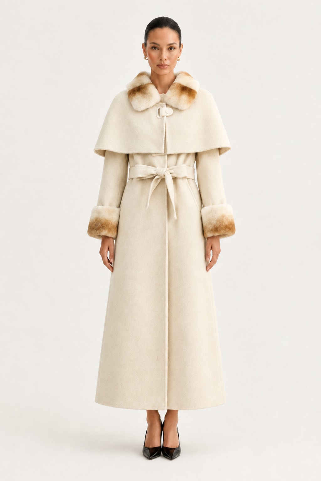 Double-Faced Wool Cape With Rabbit Fur Collar - 2
