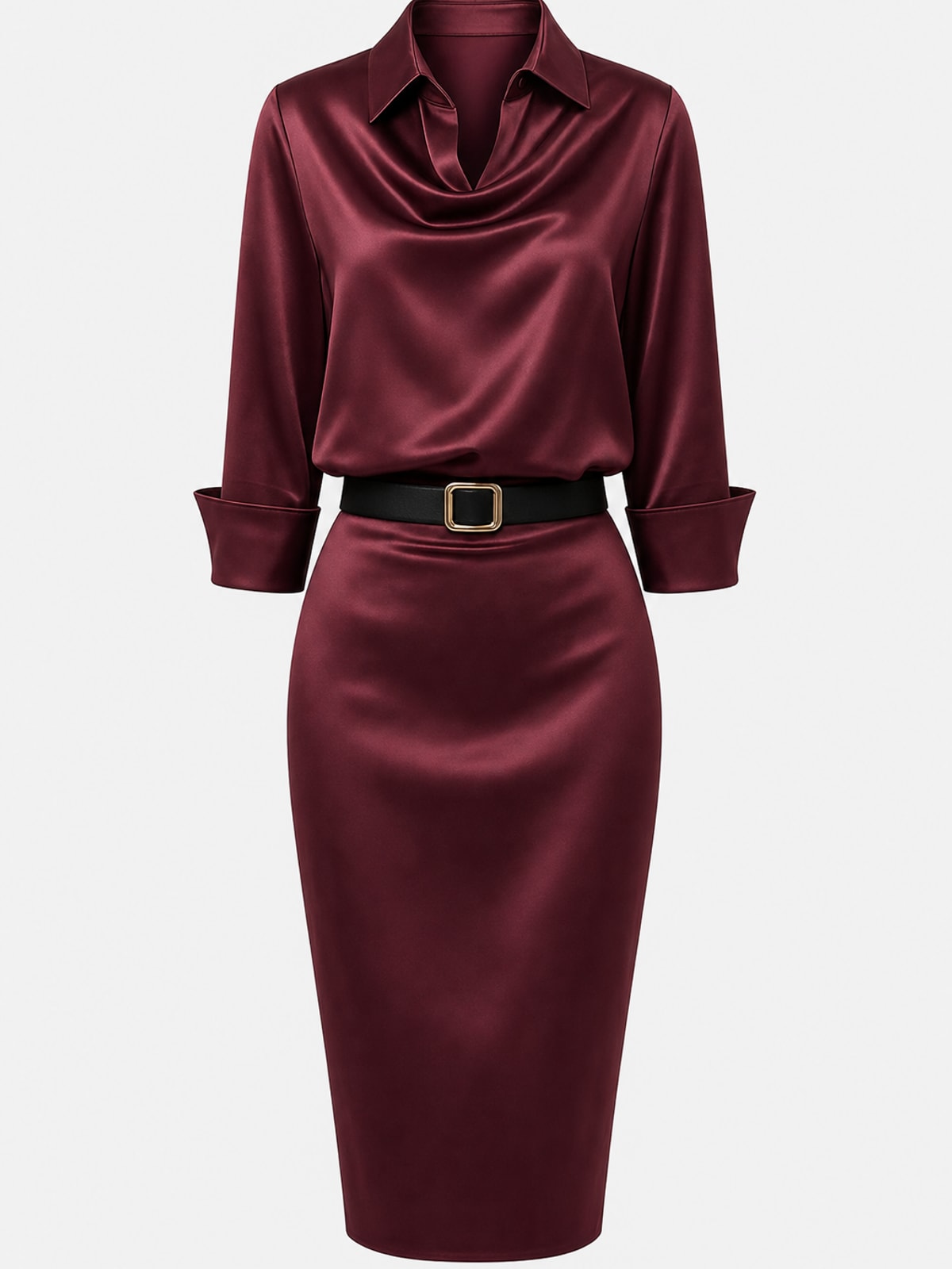 Elegant Satin Midi Dress with Lapel Collar - 1