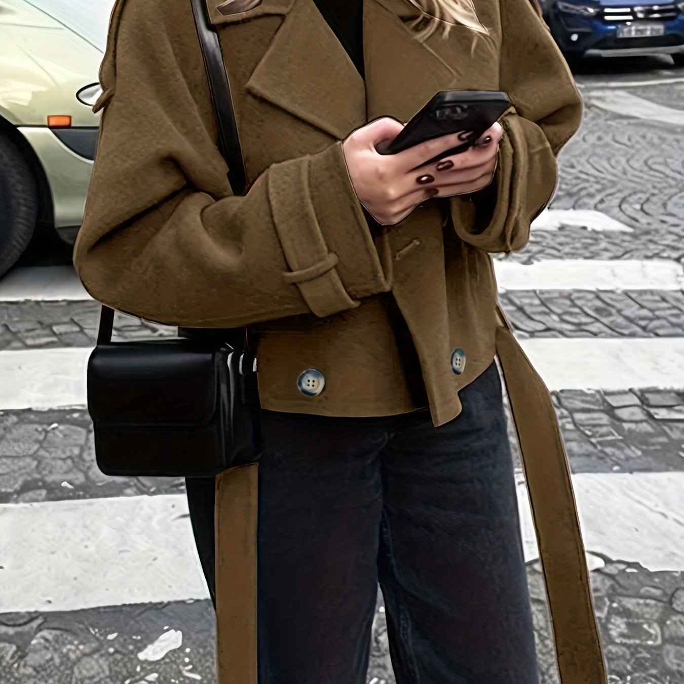 Coffee brown wool blend belted pea coat - view 6