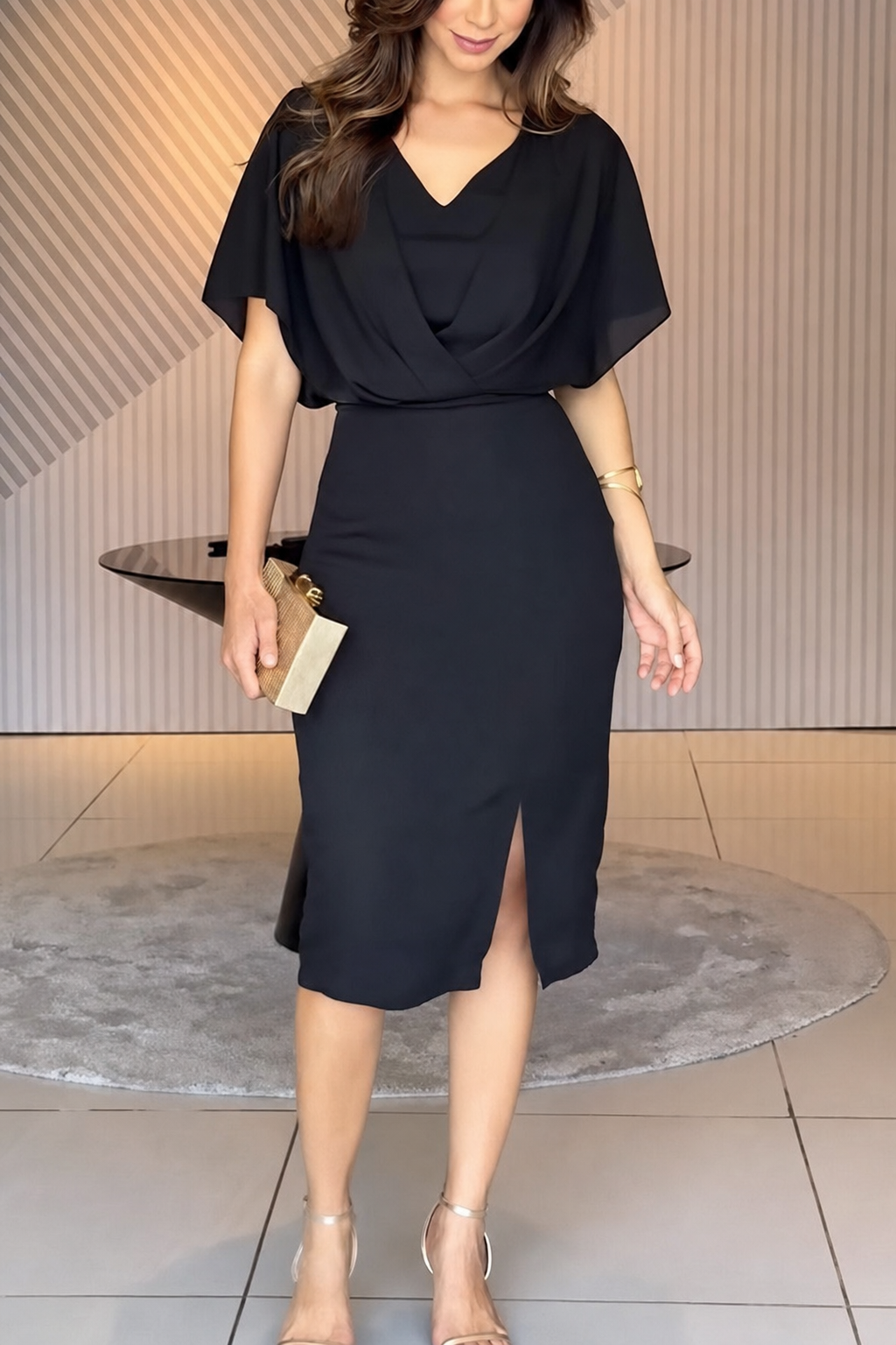 Black Chiffon Pencil Dress with Batwing Sleeves - view 5