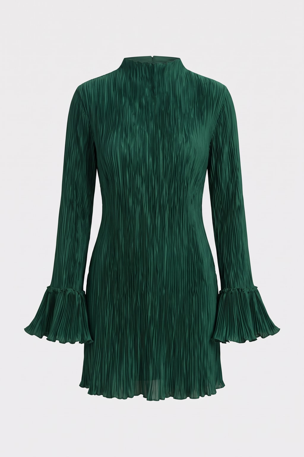 Pleated Mock Neck Mini Dress With Ruffled Cuffs - 1