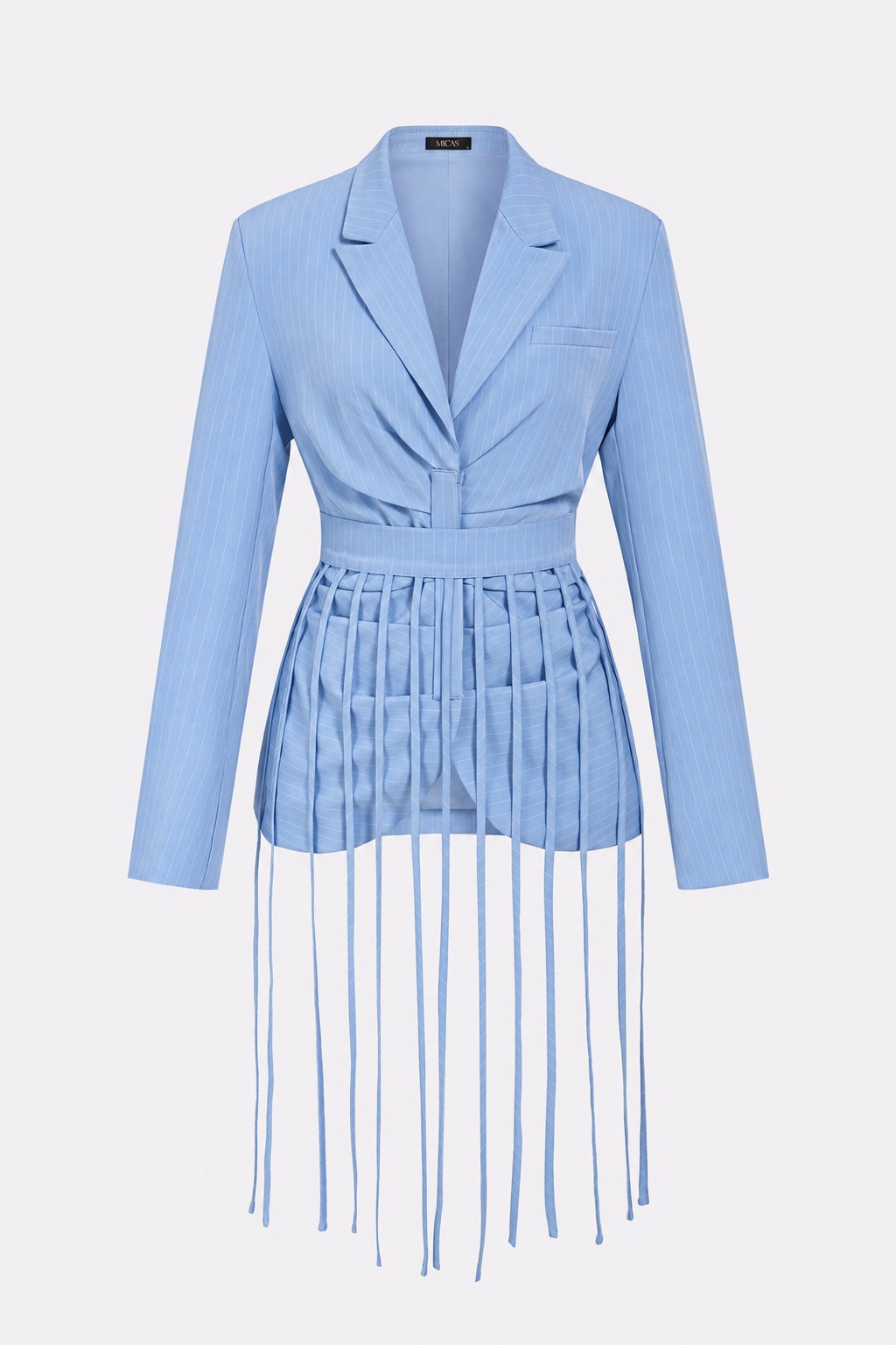 Baby Blue Twill Blazer With Fringe Trim - 1