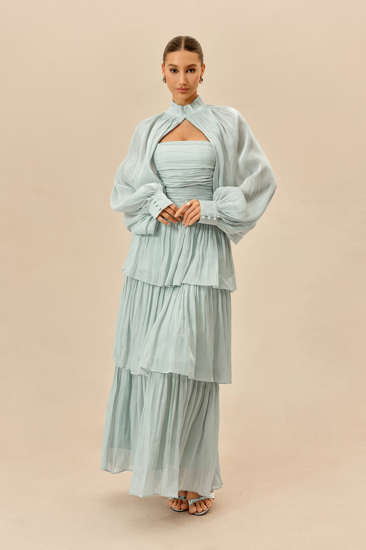 Light Blue Tiered Chiffon Maxi Dress, Detachable Sleeves - view 2