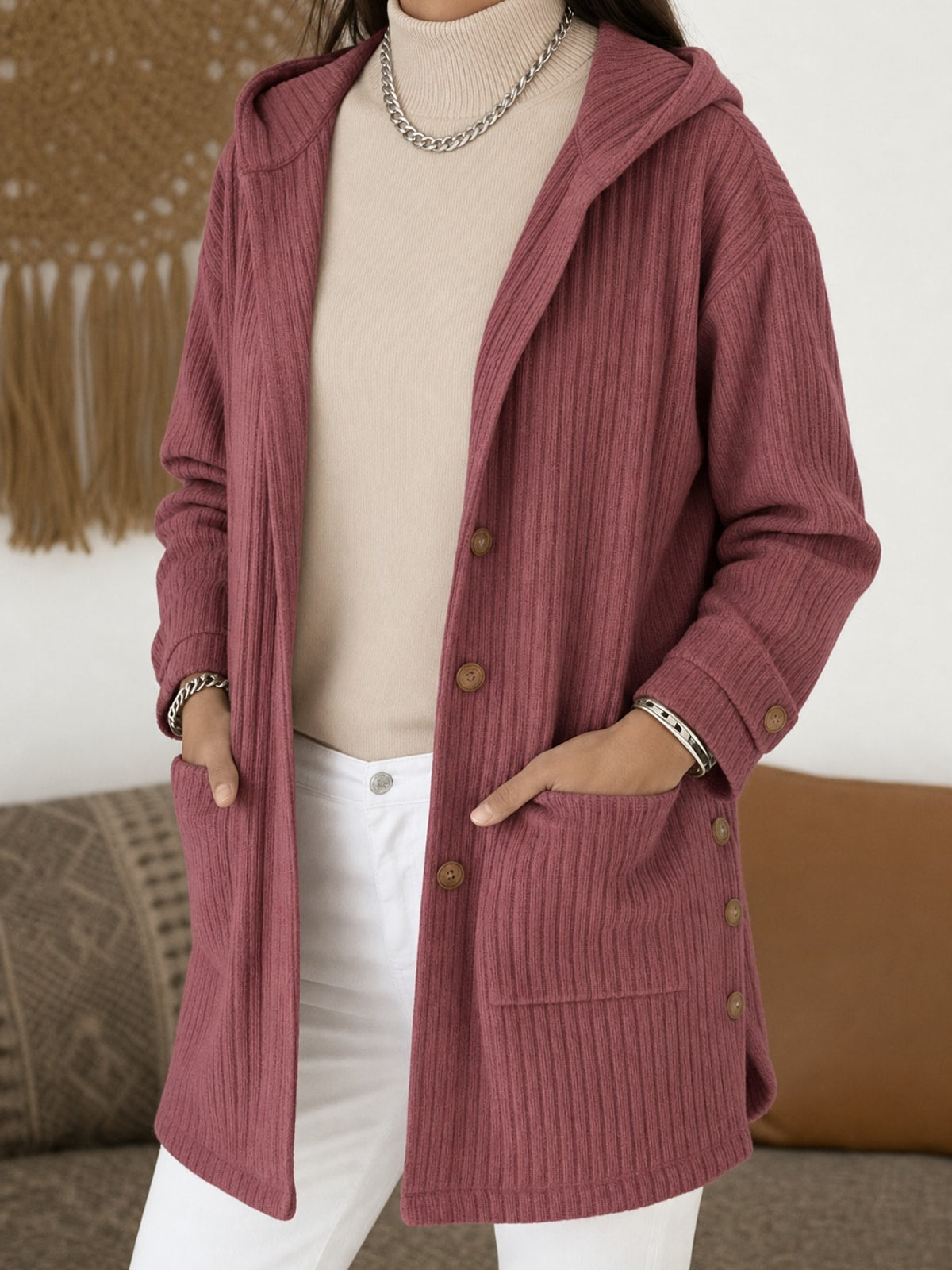 Hooded Button Front Coat With Warm Roomy Pockets - 3