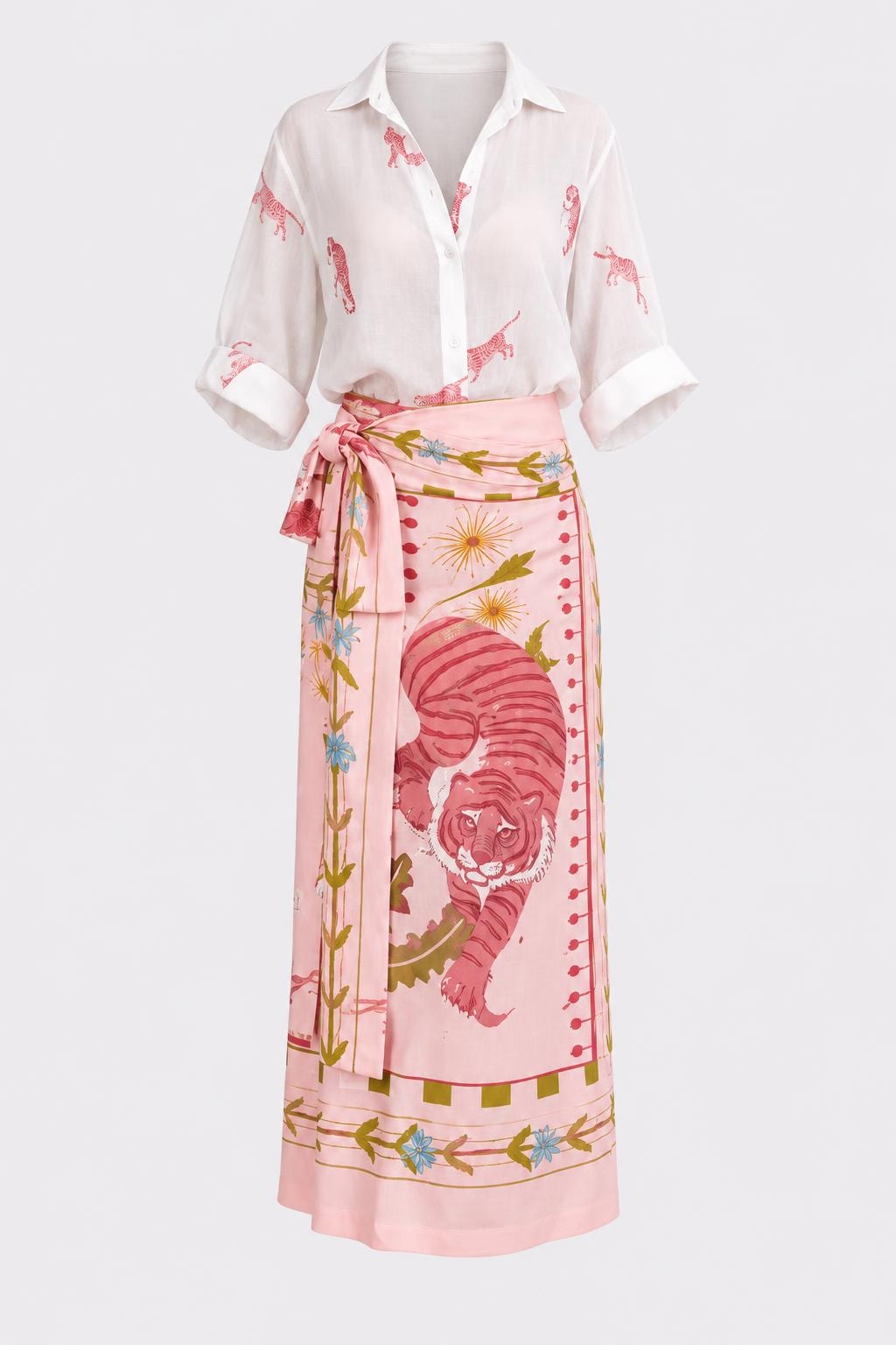 Printed Two-Piece Shirt And Wrap Skirt Set - 1