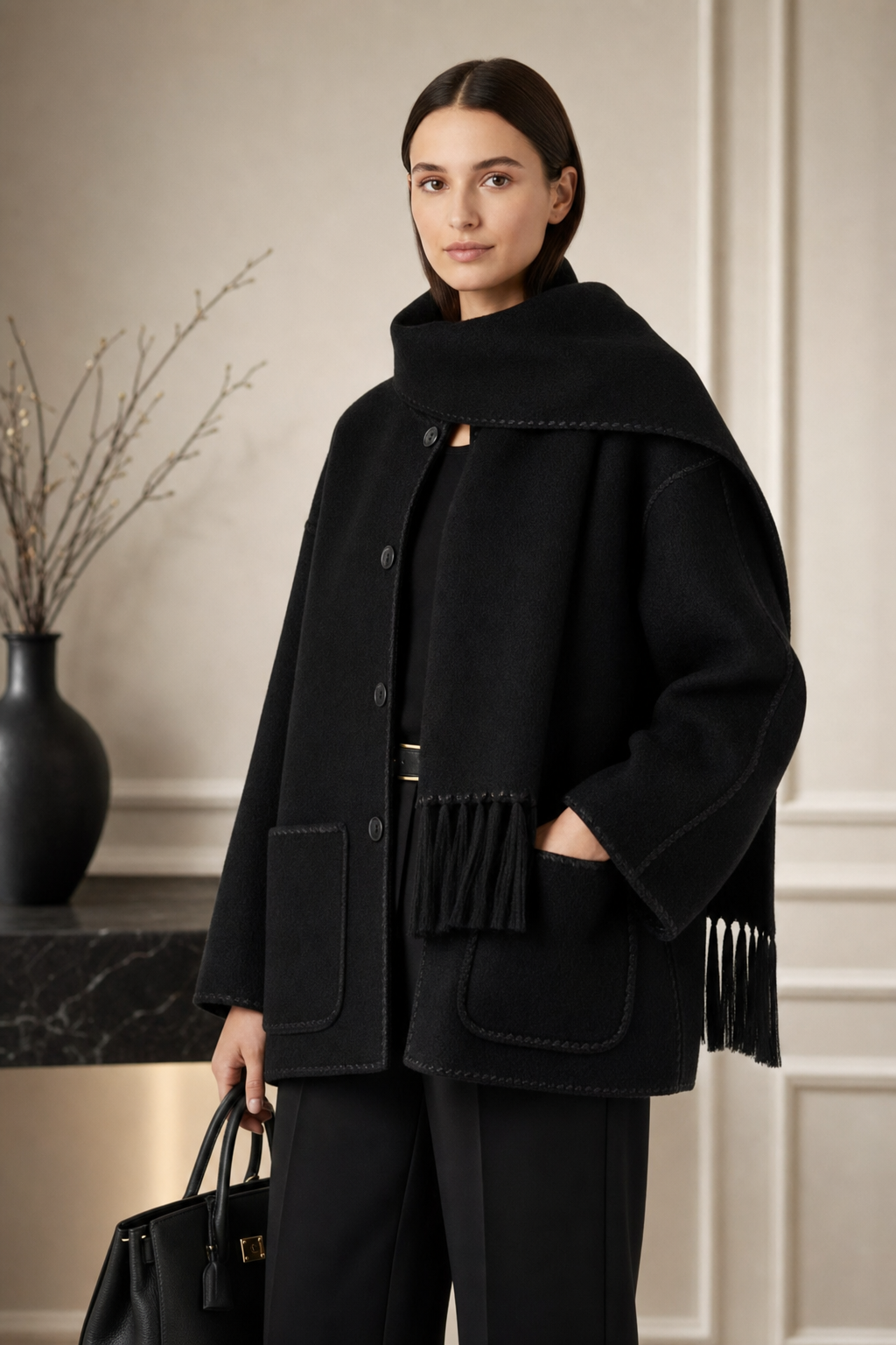 Cozy Wool-Blend Draped Coat With Attached Scarf - 2